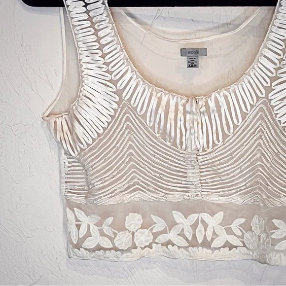Cottagecore Ivory Sheer Mesh Crop Top Women’s S Embroidered ecote Tank - Picture 3 of 8